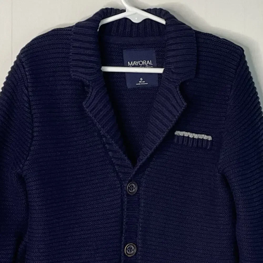 Mayoral Navy Boys Grandpa Shawl Collar Ribbed Button Cardigan Sweater Size 6